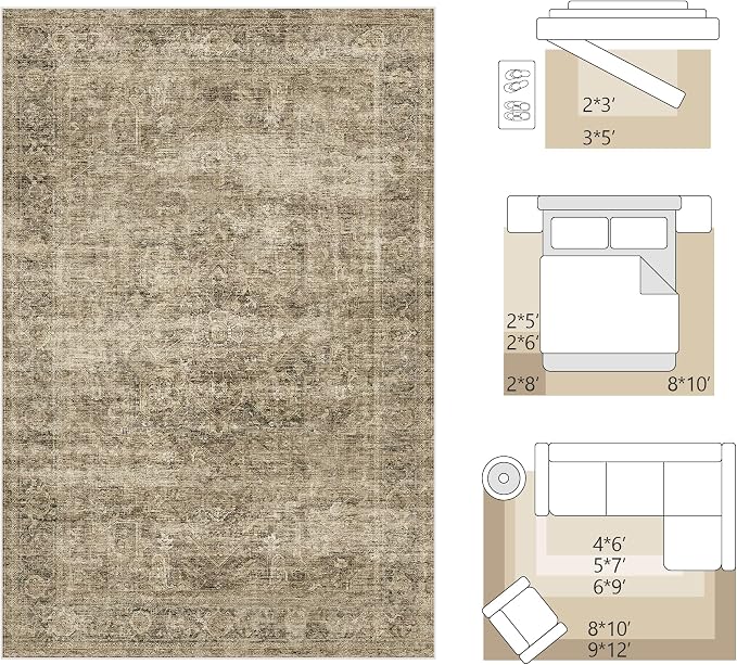 Fmfunctex 8x10 Washable Area Rug Brown Vintage Neutral Distressed Oriental Large Non Slip Carpet for Living Room Bedroom Soft Low Pile Indoor Mat Retro Throw Rug for Dining Room Kitchen Office Nursery