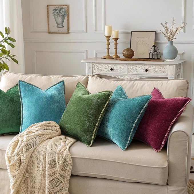 decorUhome Soft Chenille Throw Pillow Covers 24x24 Set of 2 Rhododendron | Fall Textured Decorative Throw Pillow Cases Stitched Edge Modern Farmhouse Luxury Boho Velvet for Couch Sofa Bed Home Decor
