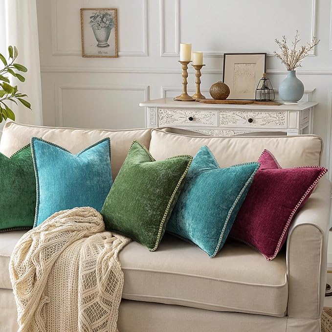 decorUhome Soft Chenille Throw Pillow Covers 22x22 Set of 2 Forest Green | Fall Textured Decorative Throw Pillow Cases Stitched Edge Modern Farmhouse Luxury Boho Velvet for Couch Sofa Bed Home Decor