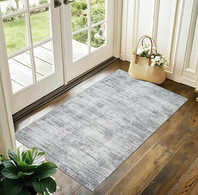 BILEEHOME Light Gray Washable Bathroom Rug 2x3 Modern Soft Rugs for Entry | Grey Samll Carpet, Aesthetic Abstract, Low Pile Non Slip, for Under Bed Bedside Kitchen Laundry Room, Floor Protector 2 x 3