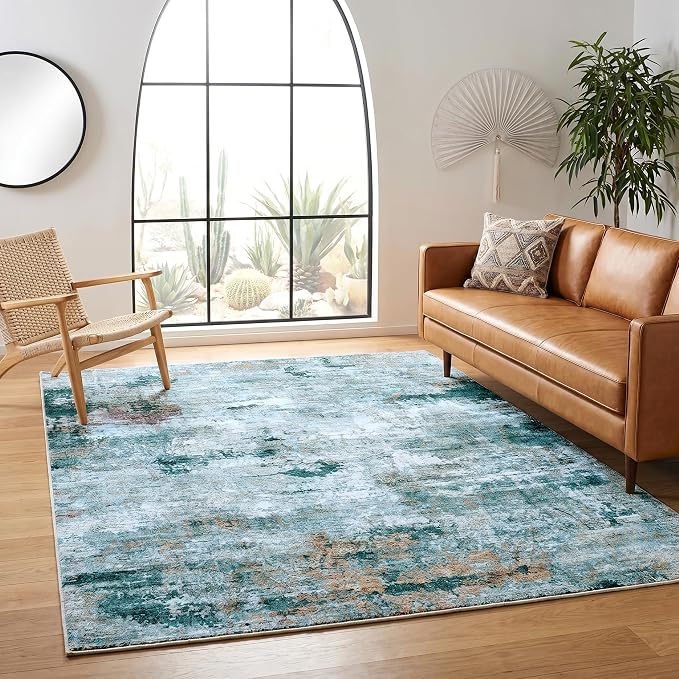 Water Resistant Area Rug Washable Pet Friendly Carpet for High Traffic Living Room Nursery Bedroom Foldable 0.26 Inch Abstract Thin Rugs with Silicone Backing, 5'x7', Sage Green