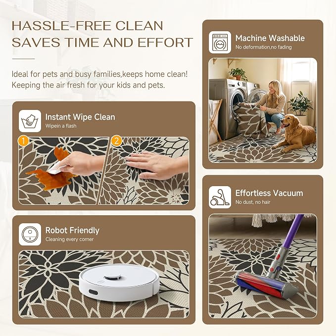 HUGEAR 8'x10' Waterproof Floral Outdoor Rug Patio Linen-Look Black Brown Floor Mat for Camping RV Outside Area Rug Deck Porch Balcony Backyard Picnic Beach Carpet Decor