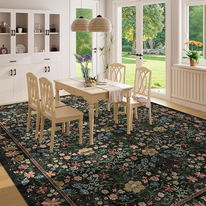 DUKINO 9x12 Area Rug for Living Room, Vintage Floral Washable Rugs, Black | Non Slip, Low Pile, Non-Shedding, Stain Resistant, Aesthetic Soft Indoor Large Carpet for Bedroom, Dining Room, Farmhouse