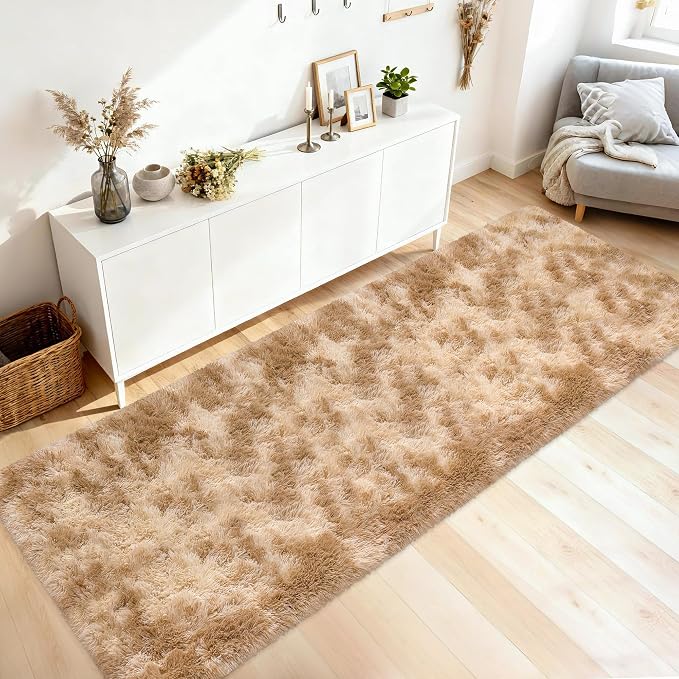 3x10 ft Plush Tie Dyed Light Brown Rug Soft Bedroom Runner Fluffy Cream and Brown Rug for Bedroom Bedside Living Room Hallway Nursery Kids Home Decor Shag Carpet