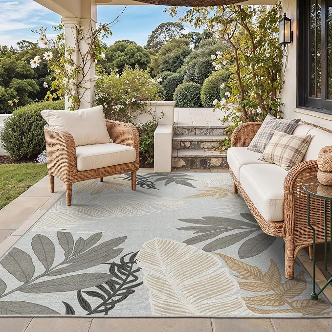 GENIMO 8x10 Outdoor Rug, Washable Quick Dry for Patio, Sand Grey | Botanical leaf design for backyard; fade resistant chenille with quick-dry non-slip backing for indoor living rooms.