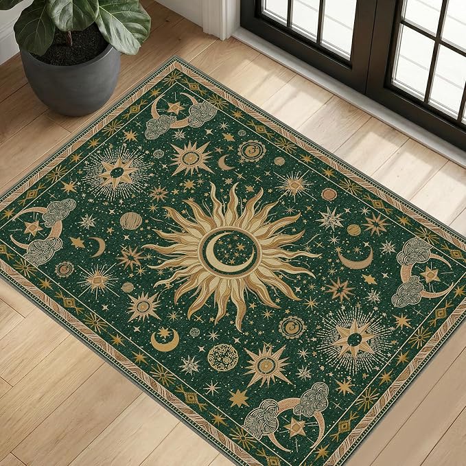 Vacuum-Friendly, 2x3 Washable Area Rug, Green Gold Yellow | Sun and Moon Boho Gothic Non-Slip Low Pile Living Roon Bedroom Dining Room Kitchen Entry Entryway Entrance Hallway Doormat