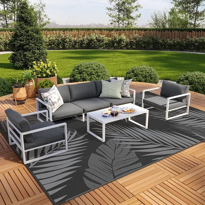 GENIMO Outdoor Rug, Waterproof Plastic Rugs 10'x14' for Camping Black Grey | Outside Larger Leaf Carpet Mat for Porch Decor, Deck, Camping, RV, Backyard, Balcony, Picnic, Beach, Reversible, Foldable