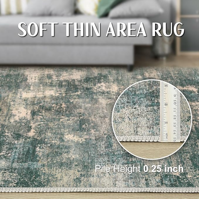 Abstract 9x12 Area Rug: Machine Washable Non Slip Ultra Thin Low-Pile Carpet, Soft Stain Resistant for Living Dining Room Bedroom, Kid Pet Friendly, Robot Vacuum Compatible - Dark Green/Beige