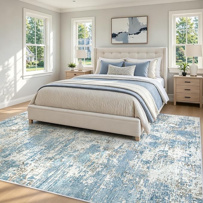 6x9 Area Rugs Living Room Rug Modern Abstract Neutral Washable Rugs Non Slip Soft Carpet Large Area Rug Low Pile Stain Resistant Non Shedding for Bedroom Nursery Dining Room Home Office Blue