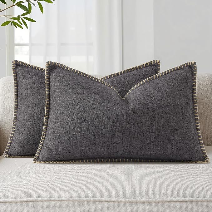 decorUhome Dark Grey Faux Linen Outdoor Throw Pillow Covers 12x20 Set of 2 | Fall Decorative Textured Neutral Modern Farmhouse Pillow Covers with Stitched Edge for Couch Sofa Bed Living Room