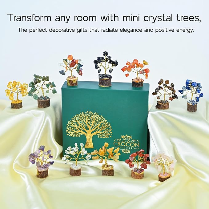 Crocon® Set of 12 Crystals Mini Stone Tree of Life Birthday Gifts for Women, Home & Office Decor, Money Tree Healing Crystals Gift Set Mom & Father Gift Ideas Housewarming Gifts New Home Sister & Dad