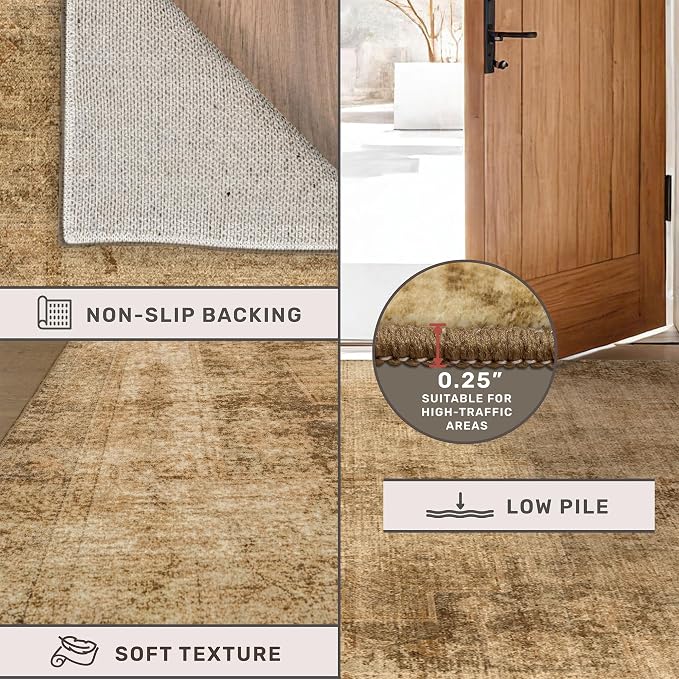 Large Entryway Rug Washable - 5x8 Brown and Mustard Yellow Rug for Mudroom, Foyer, Hall, Living Room, Washable Low Pile Stain Resistent