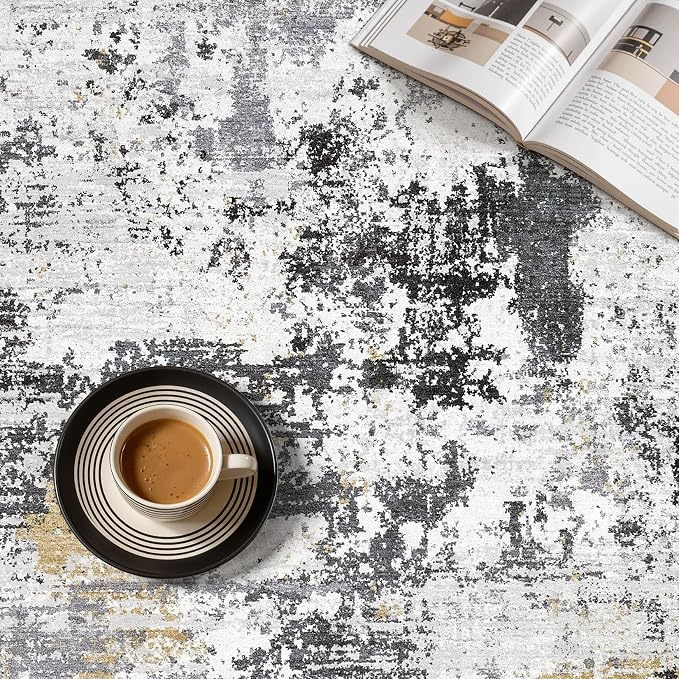 UERMEI 9x12 Area Rug for Living Room - Washable Neutral Modern Abstract Carpet, Non-Slip Soft Large Indoor Floor Rugs for Bedroom Home Office & Under Dining Table Decor, Black/White/Gold