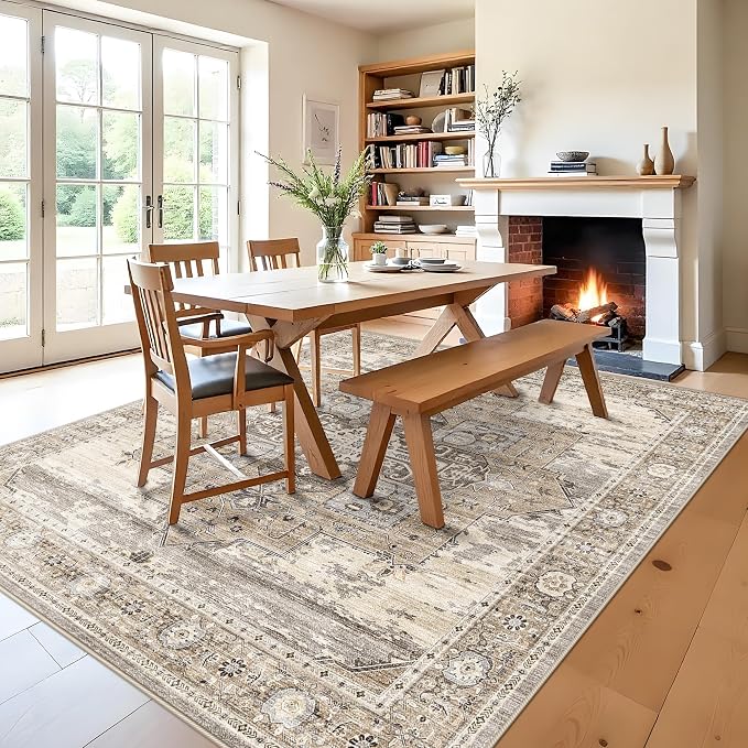 RUUGME 8x8 Square Area Rug for Living Room Washable Beige | Low Pile Non Slip Soft Rug for Bedroom, Dining Room, Office and Entryway with Stain Resistant Easy Care Design
