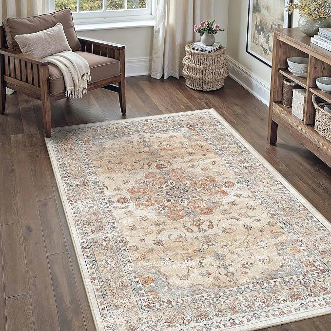 HUGEAR Area Rugs 3x5 Machine Washable Vintage Orange Living Room Rug Throw Carpet Non Slip Stain Resistant Low Pile for Office Home Retro Aesthetic Modern Decor
