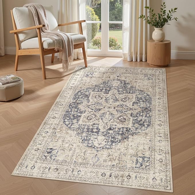 Tortania Area Rug Living Room Rugs - 3x5 Washable Rug Vintage Oriental Distressed Farmhouse Small Thin Indoor Carpet for Living Room Bedroom Under Dining Table Home Office - Cream Blue