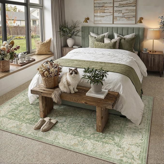 8x10 Green Washable Area Rug Non Slip Retro Distressed Carpet | Soft Low Pile, Lightweight Foldable, Pet Friendly, Living Room, Bedroom, Dining Room, Classroom, Playroom