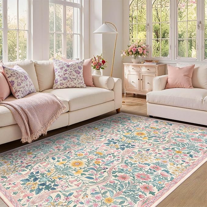 5×7 Area Rugs Light Pink Washable Floral Rug,Vintage Boho Soft Low-Pile Living Room Rugs, Stain Resistant Botanical Non-Slip Carpet for Girls Bedroom,Dining Room,Kids Nursery,Home Decor