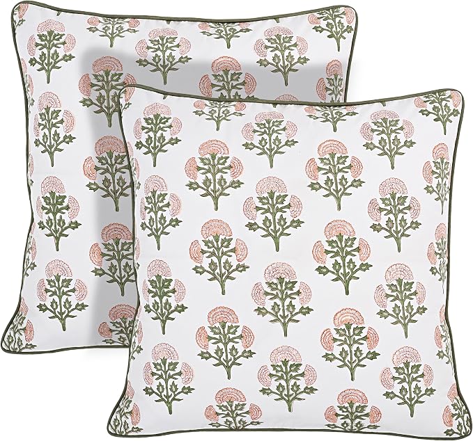 Ridhi Block Print Mughal Buta Peach Pillow Cover 24" x 24" (Pack of 2) Decorative Couch Pillows for Living Room, Farmhouse Chic Boho Cute Outdoor Pillows Covers Gifts for Spring, Mother's Day