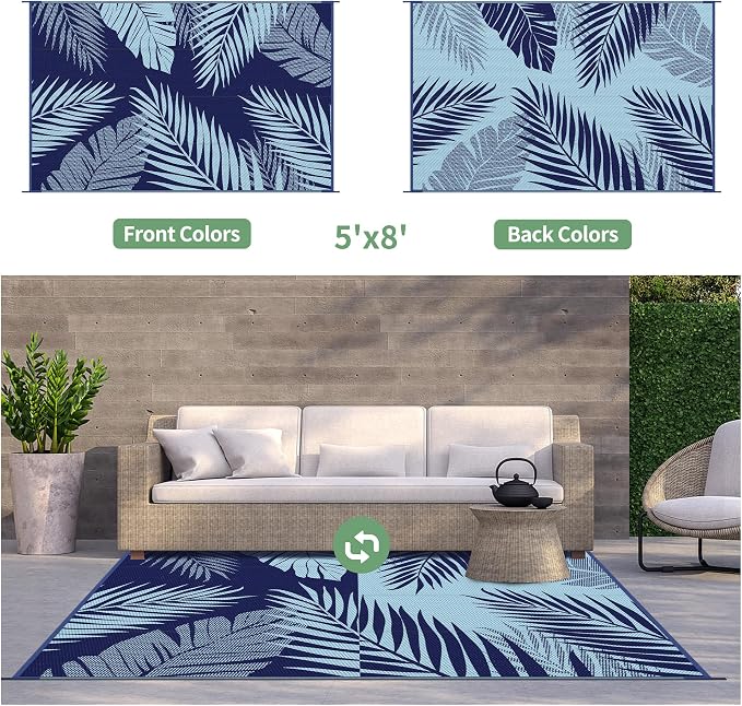 GENIMO Outdoor Rug, Waterproof Plastic Rugs for Patio, 5'x8' Blue | Outside Larger Leaf Carpet Mat for Porch Decor, Deck, Balcony, Camping, RV, Backyard, Picnic, Beach, Reversible, Foldable