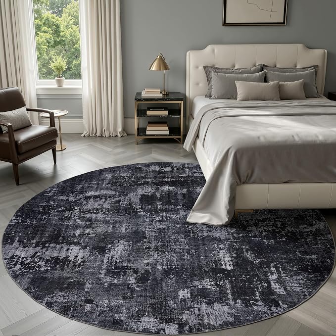 Sasttie 6ft Soft Round Area Rug, Modern Abstract Washable Circle Carpet for Living Room, Bedroom, Dining Room Table, with Non-Slip Backing, Black and Grey