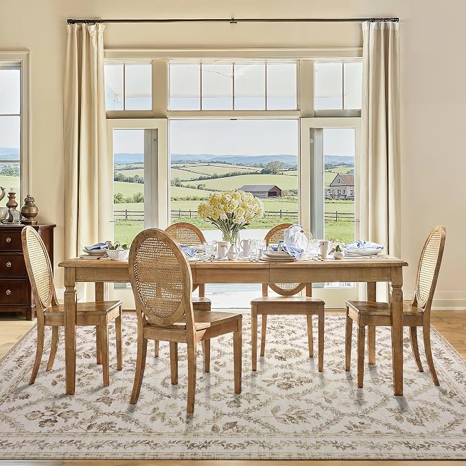 TWODRAPES Tan and Brown Boho Living Room Rug 8x10 Area Rug for Bedroom Farmhouse Distressed Floral Farmhouse Counrty Soft Washable Low Pile Non Slip Large Beige Tan Dining Room 8 by 10 Ft