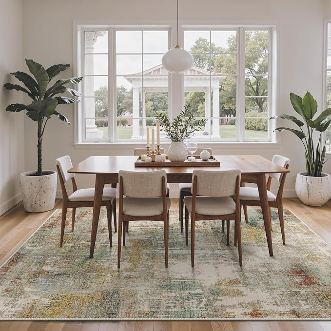 GENIMO Abstract Area Rug 5x7, Washable Large Modern Rug Non Slip, Low Pile Lightweight Soft Carpet for Living Room, Bedroom, Dining Room, Rust Green