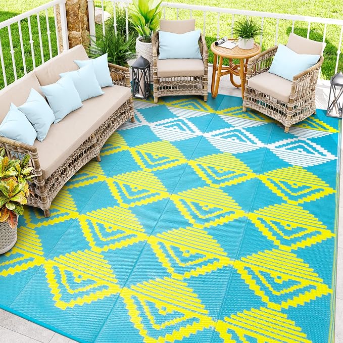 Beeiva Large Outdoor Rug 9x12 Waterproof for Patio, Reversible Outdoor Patio Rug for Backyard, Deck, Blue Yellow