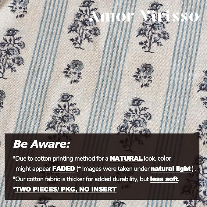 Amor Virisso Floral Throw Pillow Covers 22x22 Set of 2 Block Print Pillow Covers Neutral Floral Striped Farmhouse Decorative Pillow Covers for Sofa Couch Bed, Light Blue