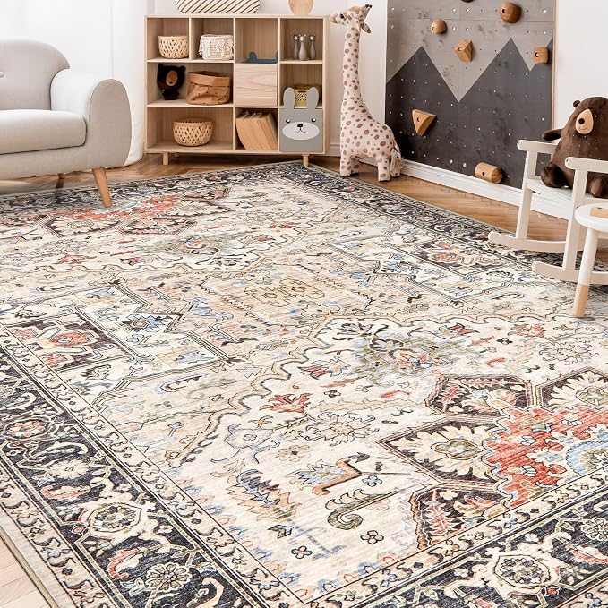 12x15 Area Rugs for Living Room - Large Carpet Ultra Thin Soft Washable Oriental Vintage Floral Distressed Big Indoor Carpets for Bedroom Nursery Dorm Home Decor Aesthetic - Multi Color