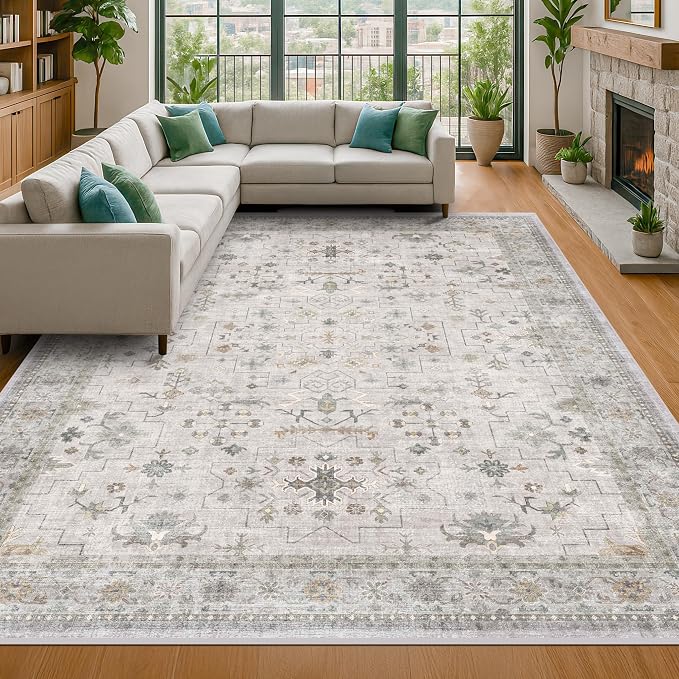 Boho Living Room Rug 7x10 - Washable Light Gray & Sage Area Rug for Dining Under Table, Low Pile Non-Slip Large Bedroom Carpet, Modern Eclectic Geometric Neutral Floral Décor