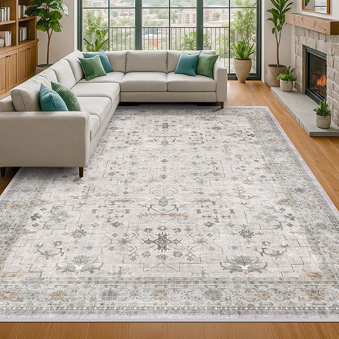 Hazo Haus Boho Washable 5x7 Living Room Rug - Neutral Light Gray & Sage Area Rugs for Nursery, Dining Under Table, Bedroom, Modern Vintage Eclectic Geometric Floral, Low Pile Stain Resistant