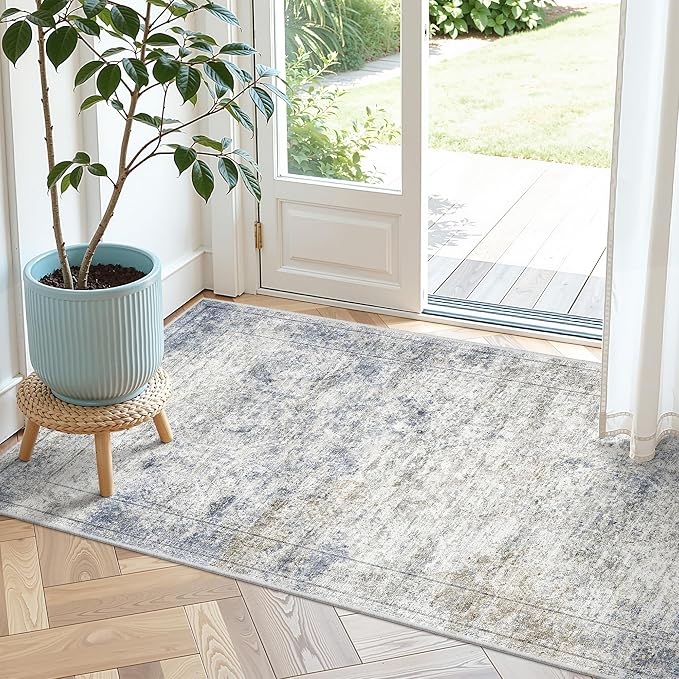 2x4 Rug Runners for Hallways Non Slip,Blue | Washable Rugs for Kitchen,Entryway,Bedroom,Bathroom,Nursery Room,Thin,Soft Runner Rug,Stain Resistant Indoor Carpet