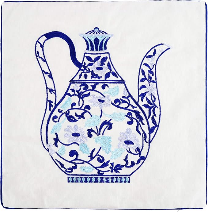 Embroidery Throw Pillow Covers 18x18 Home Décor Floor Pillows Cover for Couch 100% Cotton Cushion Cover 45x45cm Decorative Pillowcase, Chinese Blue and White Porcelain Bottles, 4 Pieces