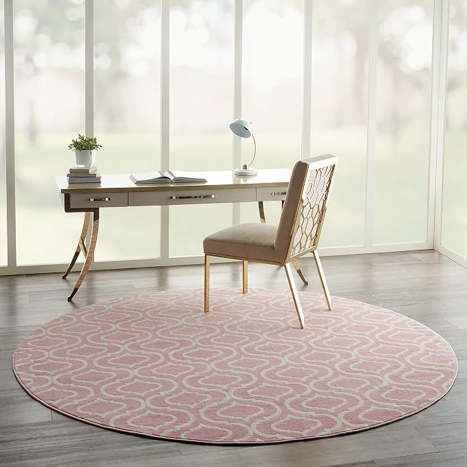 Nourison Home Jubilant Trellis Pink 8' x Round Area-Rug, Easy-Cleaning, Non Shedding, Bed Room, Living Room, Dining Room, Kitchen (8 Round)