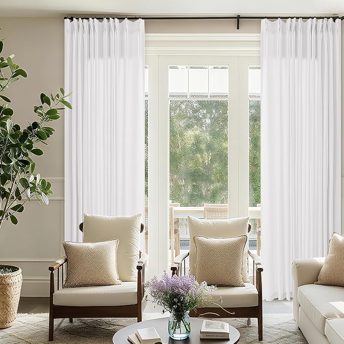 White Pinch Pleated Linen Curtains 96 Inches Long 72 Wide Semi Sheer | Light Filtering, Pleat Window Curtain, Boho Neutral, Drape for Track System, Living Room Bedroom, Hooks Rings, 1 Panel, 72x96