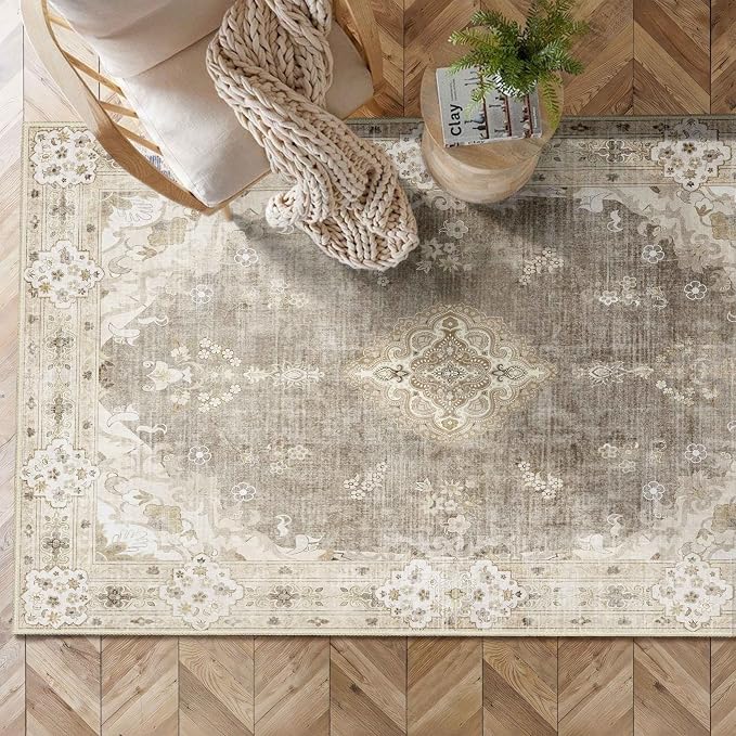 MUJOO Beige Rug 3x5 Washable,Boho Area Rugs Small Non Slip Low-Pile Floral | Machine Washable Throw Carpet for Entryway Bedroom Bedside Kitchen Hallway Living Room Soft Indoor Vintage Bohemian Flowers
