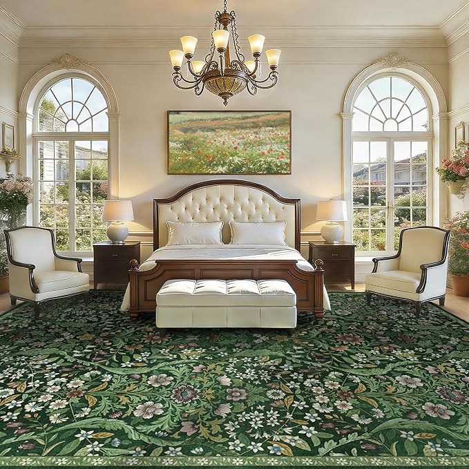 10x14 Dark Green Vintage Floral Area Rug,Washable Large Boho Living Room Rugs,Botanical Print Non-Slip Stain Resistant Lightweight Carpet for Bedroom Dining Room Nursery
