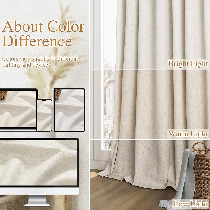 Guken 100% Blackout Linen Curtains for Bedroom 84 inches Long, Thermal Insulated Room Darkening Black Out Drapes for Living Room, Back Tab Rod Pocket 2 Panels Set,Birch Beige,52x84