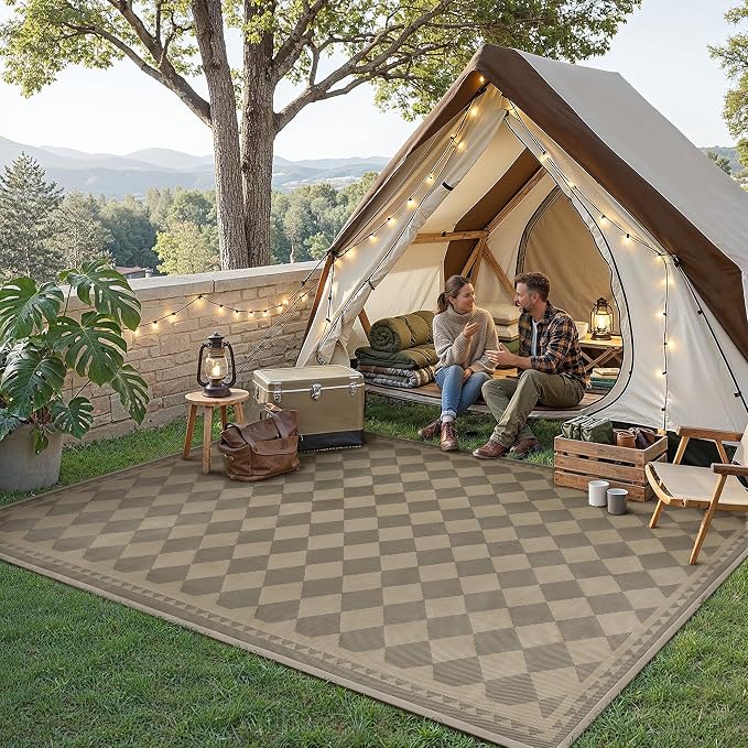 HUGEAR 6x9 Outdoor Rug Waterproof Checkered Patio Rug Home Decor Reversible Plastic Straw Black and Brown Rugs Outside Indoor Floor Mat for Camping Balcony RV Deck Porch Balcony Backyard