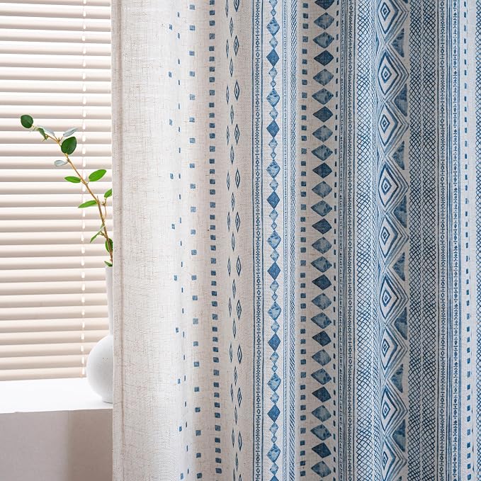 MYSKY HOME Boho Curtains Semi Sheer Linen Blended Curtains 95 Inches Long for Living Room Stripe Patterned Farmhouse Curtains Light Filtering Privacy Back Tab Drapes, 50'' Wide, Blue, 2 Panels