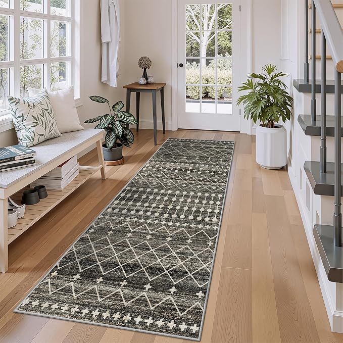 Miukiki 2x6 Hallway Runner Rug Moroccan Washable Kitchen Rug Non Slip Indoor Floor Kitchen Runner Rug Foldable Carpet for Bathroom Laundry Room with Low Pile(Black,2'x6')