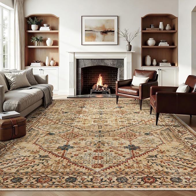 Joydeco 8x10 Area Rugs for Living Room, Non Slip Machine Washable Vintage Rug, Low Pile Chenille Print Rugs for Bedroom, Dining Room, Home Office, Pet & Child Friendly, Tan