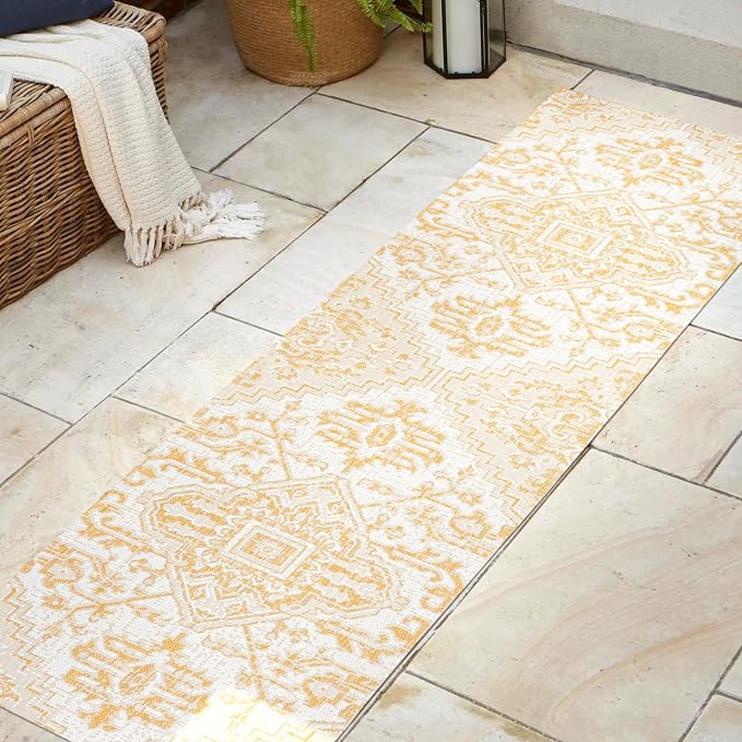 JONATHAN Y Boho Medallion Indoor Outdoor Runner Rug 2X8 Cream/Yellow, Estrella Textured Weave for Backyard, Patio, Porch, Easy-Cleaning, High Traffic, Pet-Friendly, Non-Shedding (SMB105H-28)
