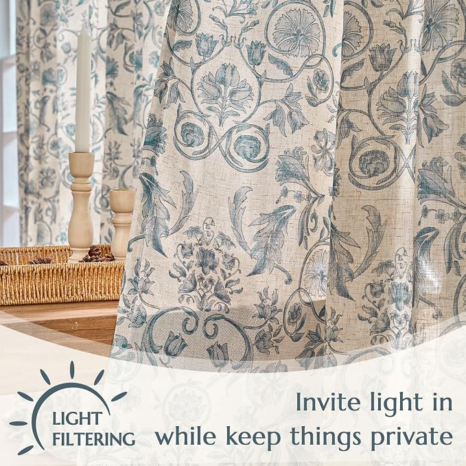 jinchan Linen Floral Curtains for Living Room with Printed Flower 84 Inches Long Light Filtering Farmhouse Window Treatment Vintage Drapes Back Tab Rod Pocket 2 Panels Blue on Beige