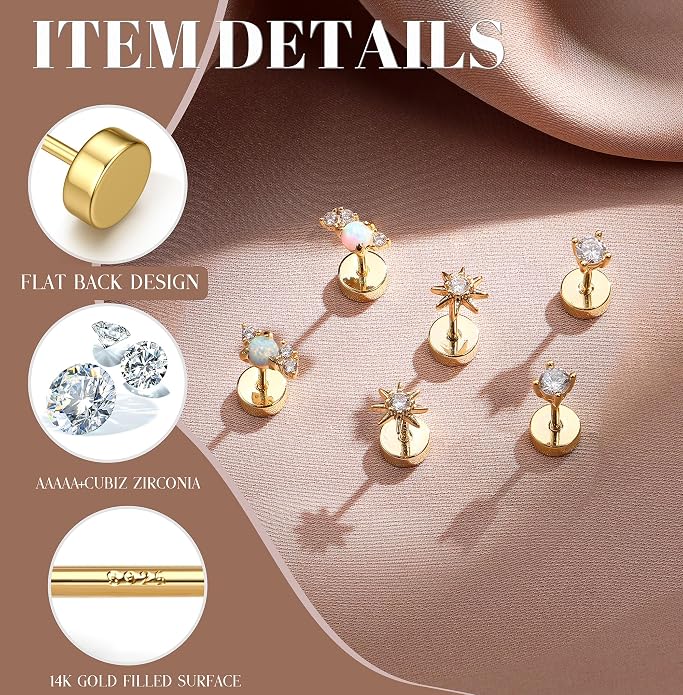 14K Gold Plated Solid 925 Sterling Silver Post Flat Back Earrings Stud | Cartilage Helix Conch Tragus Piercing Jewelry 3 Pairs Tiny Screw Dainty CZ Opal Earring Set Men Women