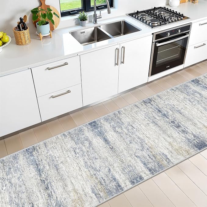 2x12 Runner Rug Non Slip,Washable Hallway Runner Rug,Blue | Long Neutral Rugs for Kitchen,Entryway,Bedroom,Bathroom,Laundry Room,Thin,Soft Runner Rug,Stain Resistant Indoor Carpet