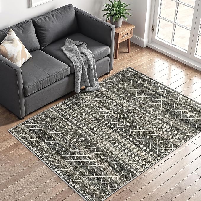 Miukiki 4x6 Area Rug for Living Room Moroccan Washable Rugs Non Slip Indoor Floor Carpet Foldable Large Soft Area Rug for Dining Room Bedroom with Low Pile(Black,4'x6')