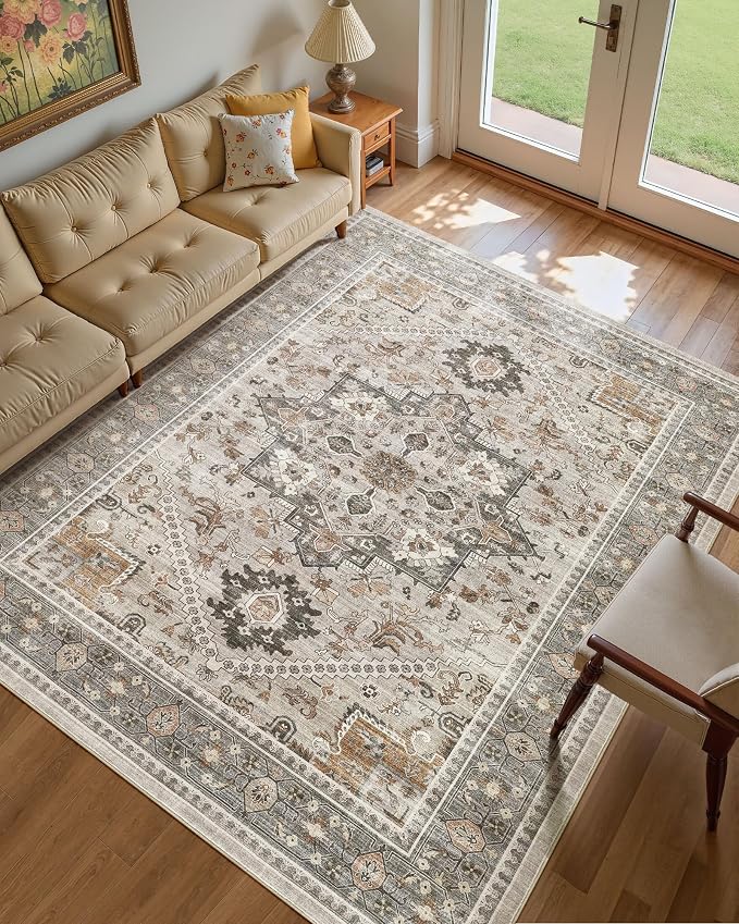 10x14 Vintage Area Rug: Washable Neutral Soft Non Slip Thin Large Floor Carpet for Living Room Bedroom Kitchen Dining Room Home Office Farmhouse Indoor - Taupe
