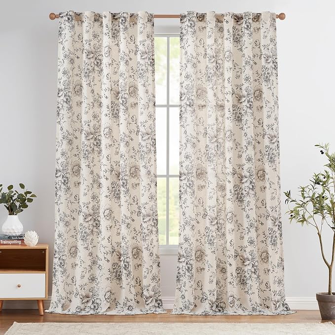 jinchan Black Floral Linen Curtains 96 Inch Vintage Back Tab 2 Panels | Light filtering drapes, semi sheer, farmhouse, cottagecore, rustic, living room, bedroom, rod pocket, window treatment